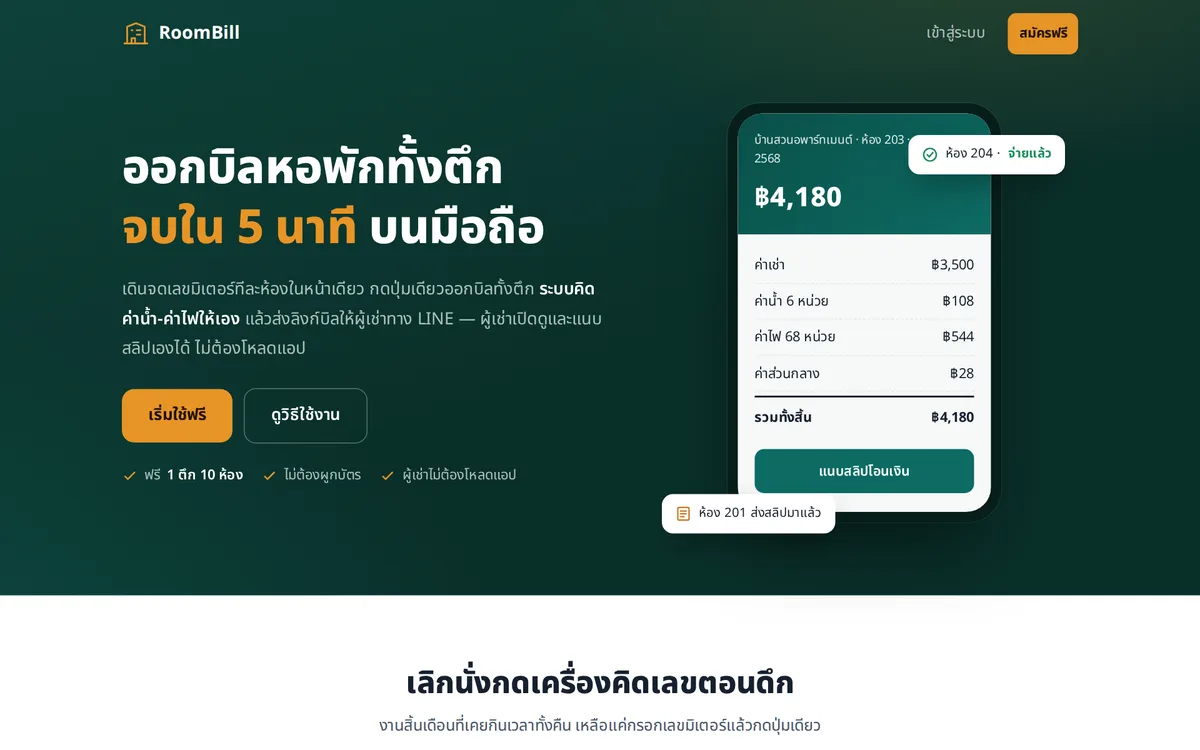 หน้าเว็บ RoomBill (รูมบิล) — ออกบิลหอพักทั้งตึกจบใน 5 นาทีบนมือถือ พร้อมตัวอย่างบิลผู้เช่า